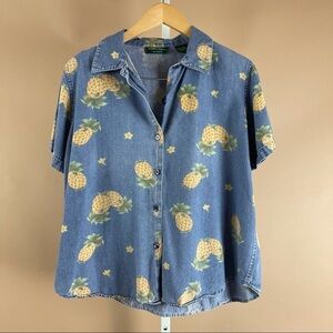 Vintage 90's Large Lemon Grass Pineapple Denim Button Up Shirt